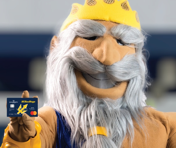 UCSD mascot holding up the official Triton debit card
