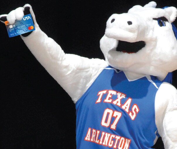 Mascot holding up a debit card