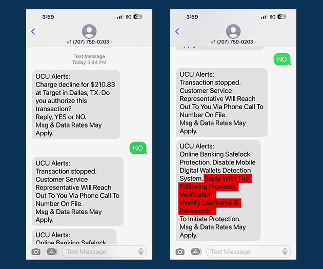 Fraudulent text asking for username and password