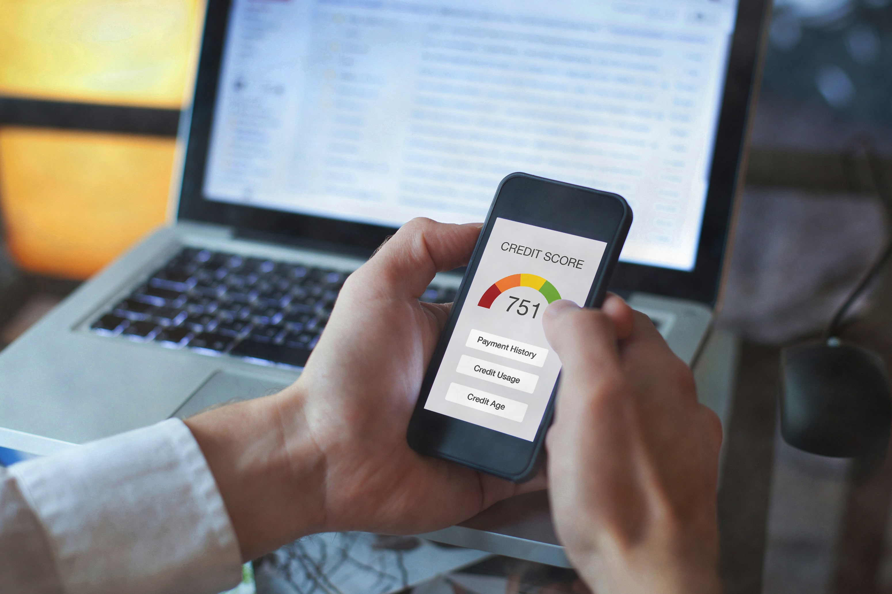 View of a phone with a credit score on it