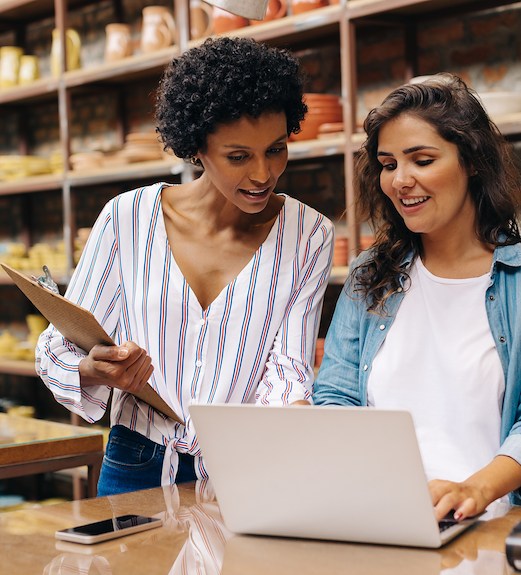Two business owners making an online purchase