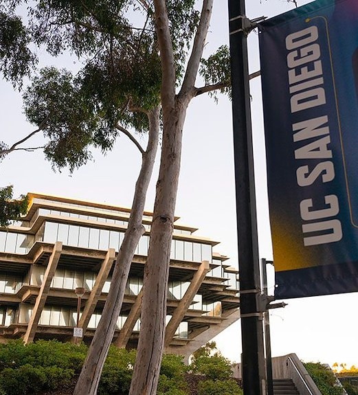 View of the UC San Diego library building on campus